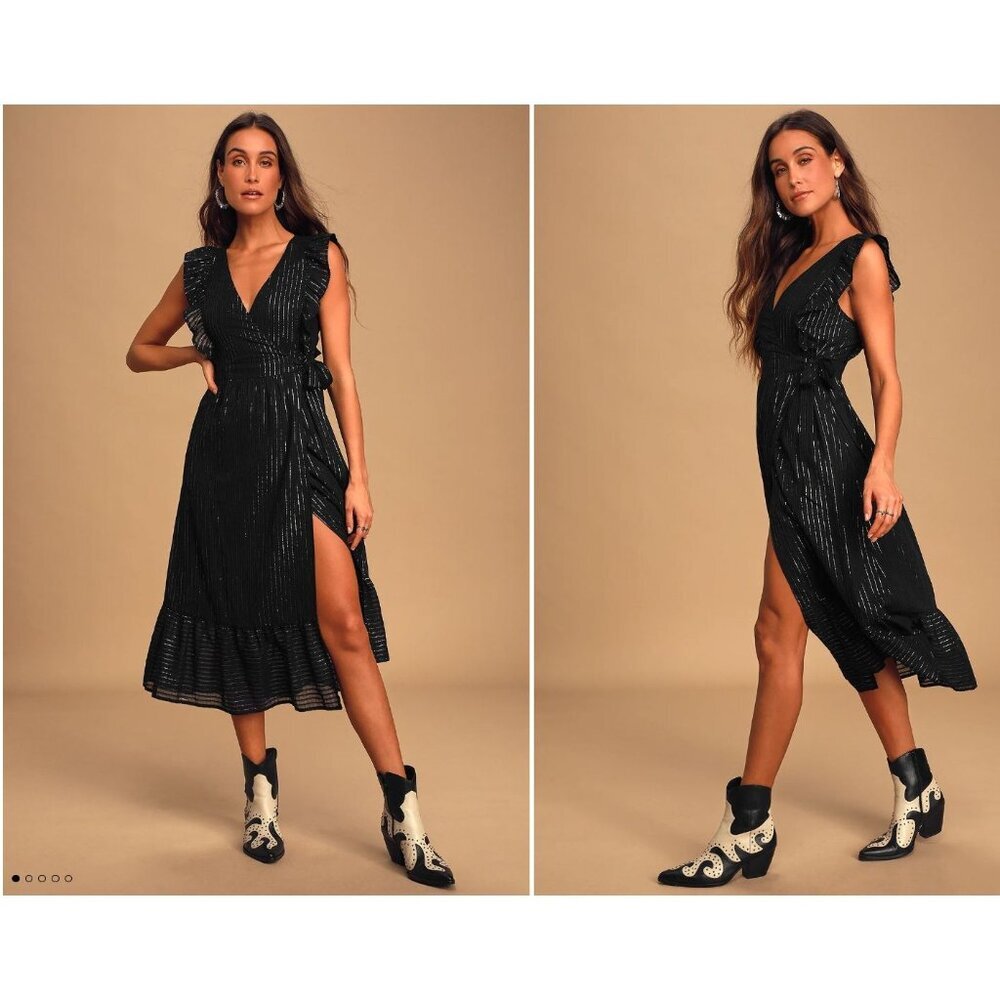 Lulus Ruffled Wrap Midi Dress Womens‎ S Black Silver Feminine Flirty Whimsigoth